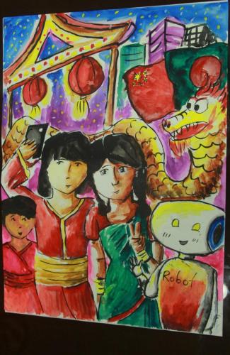 Artist Adina Hasan.Contact 01974116014.Address Gulshan, Dhaka.Year 2018.Title Friendship of children