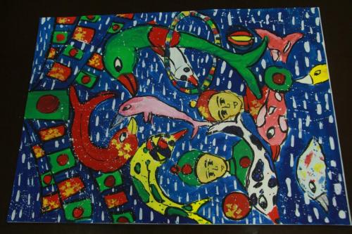 Artist Maria Islam Abanti.Contact 01762173778.Address Azimpur, Dhaka.Year 2018.Title Fish carrying Bangladeshi  Chinese flag