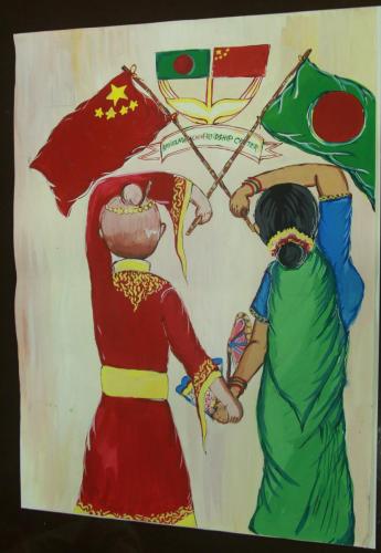 Artist Md. Abid Hossain.Contact 017711445628.Address Mohakhali, Dhaka.Year 2018.Title A Bangladeshi  Chinese women showing the national flag of their own countries